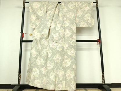 平和屋着物▽上質な紬　単衣　舞葉文　正絹　逸品　AABJ0178jh