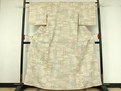 平和屋着物▽本塩沢　単衣　幾何学文様　正絹　逸品　AABJ0179jh