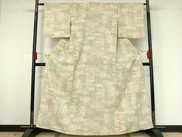 平和屋着物▽本塩沢　単衣　幾何学文様　正絹　逸品　AABJ0179jh