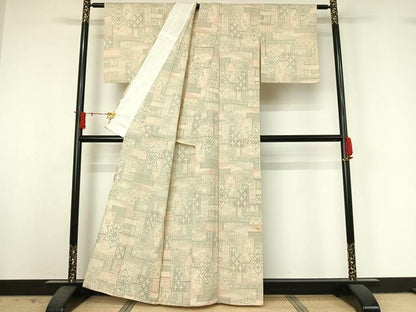 平和屋着物▽本塩沢　単衣　幾何学文様　正絹　逸品　AABJ0179jh