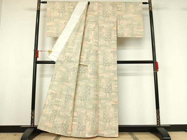 平和屋着物▽本塩沢　単衣　幾何学文様　正絹　逸品　AABJ0179jh