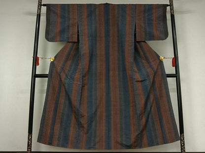 平和屋着物▽上質な紬　単衣　縞　正絹　逸品　AABJ0180jh