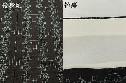 平和屋着物▽白鷹お召　単衣　幾何学文様　黒地　正絹　逸品　AABJ0184jh