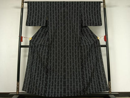 平和屋着物▽白鷹お召　単衣　幾何学文様　黒地　正絹　逸品　AABJ0184jh