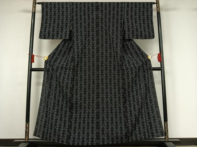 平和屋着物▽白鷹お召　単衣　幾何学文様　黒地　正絹　逸品　AABJ0184jh