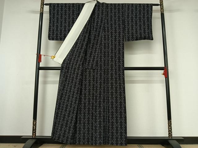 平和屋着物▽白鷹お召　単衣　幾何学文様　黒地　正絹　逸品　AABJ0184jh
