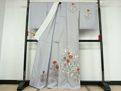 平和屋着物▽訪問着　単衣　友禅　草花文　暈し染め　正絹　逸品　AABJ0189jh