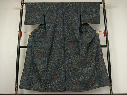 平和屋着物▽小紋　単衣　草花文　黒地　AABJ0191jh