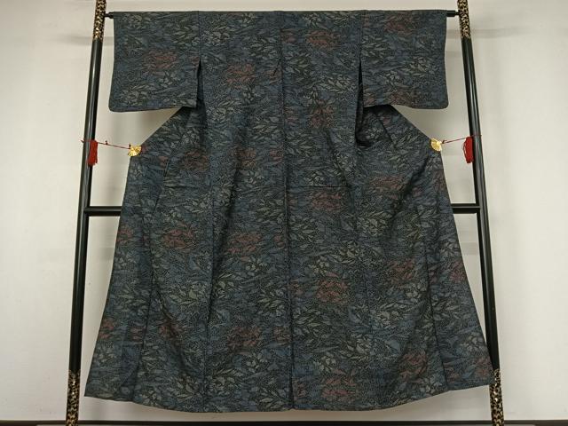 平和屋着物▽小紋　単衣　草花文　黒地　AABJ0191jh