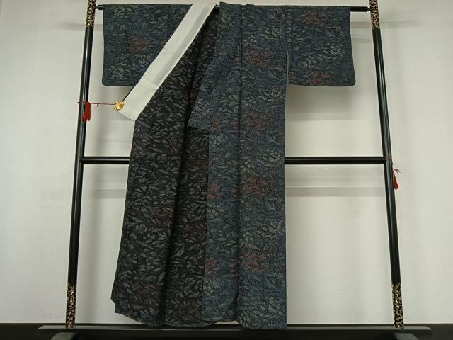 平和屋着物▽小紋　単衣　草花文　黒地　AABJ0191jh