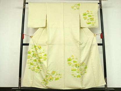 平和屋着物▽訪問着　単衣　草花文　暈し染め　金彩　正絹　逸品　AABJ0192jh