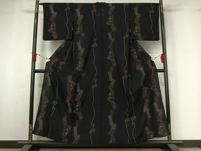 平和屋着物▽上質な紬　単衣　短冊花文　黒地　正絹　逸品　AABJ0193jh