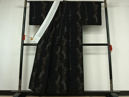 平和屋着物▽上質な紬　単衣　短冊花文　黒地　正絹　逸品　AABJ0193jh