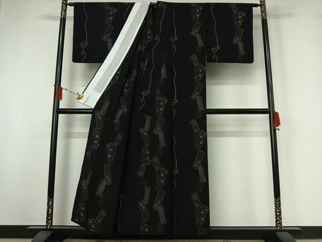 平和屋着物▽上質な紬　単衣　短冊花文　黒地　正絹　逸品　AABJ0193jh