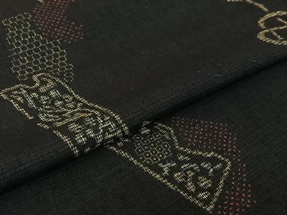 平和屋着物▽上質な紬　単衣　短冊花文　黒地　正絹　逸品　AABJ0193jh
