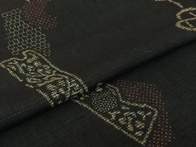 平和屋着物▽上質な紬　単衣　短冊花文　黒地　正絹　逸品　AABJ0193jh