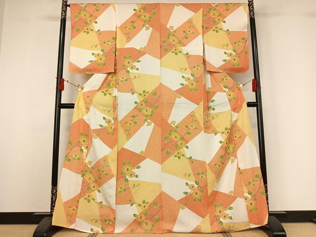 平和屋着物▽上質な小紋　単衣　枝花文　正絹　逸品　AABJ0194jh