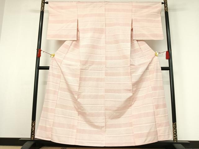 平和屋着物▽上質な紬　単衣　横段文　正絹　逸品　AABJ0197jh