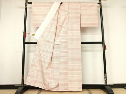 平和屋着物▽上質な紬　単衣　横段文　正絹　逸品　AABJ0197jh