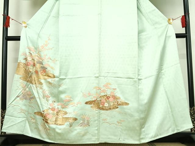 平和屋着物▽訪問着　単衣　駒刺繍　風景松竹梅文　金彩　正絹　逸品　AABJ0199jh
