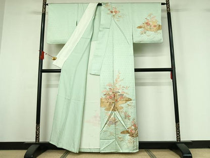平和屋着物▽訪問着　単衣　駒刺繍　風景松竹梅文　金彩　正絹　逸品　AABJ0199jh