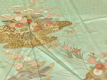 平和屋着物▽訪問着　単衣　駒刺繍　風景松竹梅文　金彩　正絹　逸品　AABJ0199jh