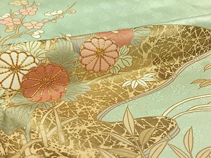 平和屋着物▽訪問着　単衣　駒刺繍　風景松竹梅文　金彩　正絹　逸品　AABJ0199jh