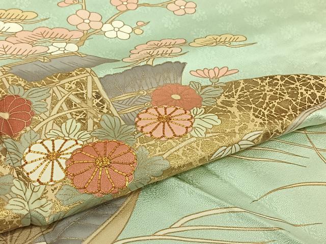 平和屋着物▽訪問着　単衣　駒刺繍　風景松竹梅文　金彩　正絹　逸品　AABJ0199jh