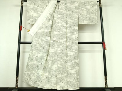 平和屋着物▽上質な紬　単衣　草花文　正絹　逸品　AABJ0201jh