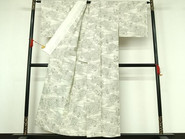 平和屋着物▽上質な紬　単衣　草花文　正絹　逸品　AABJ0201jh