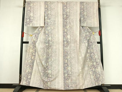 平和屋着物▽上質な紬　単衣　草花文　正絹　逸品　AABJ0203jh