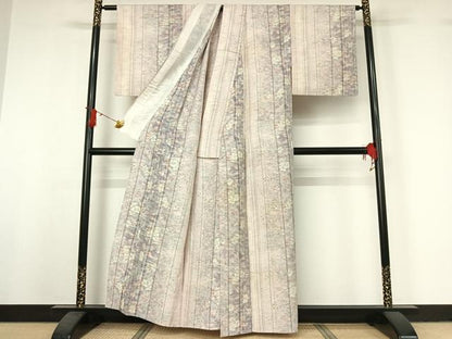 平和屋着物▽上質な紬　単衣　草花文　正絹　逸品　AABJ0203jh
