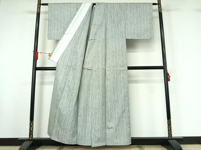 平和屋着物▽上質な紬　単衣　波文　正絹　逸品　AABJ0205jh