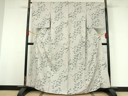 平和屋着物▽上質な紬　単衣　枝花文　正絹　逸品　AABJ0206jh