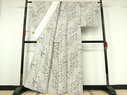 平和屋着物▽上質な紬　単衣　枝花文　正絹　逸品　AABJ0206jh