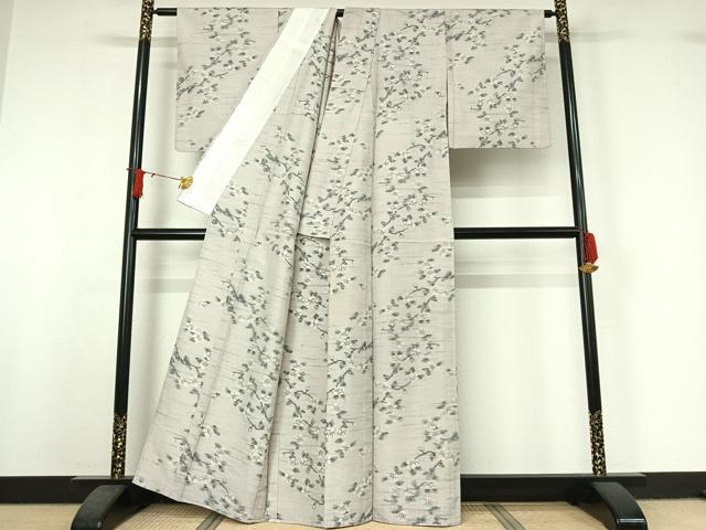 平和屋着物▽上質な紬　単衣　枝花文　正絹　逸品　AABJ0206jh