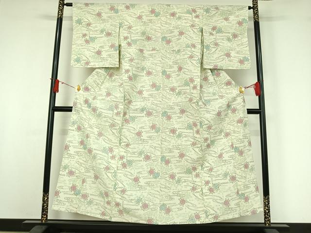 平和屋着物▽お召　単衣　流水花文　正絹　逸品　AABJ0207jh
