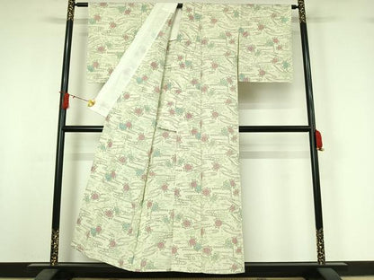 平和屋着物▽お召　単衣　流水花文　正絹　逸品　AABJ0207jh