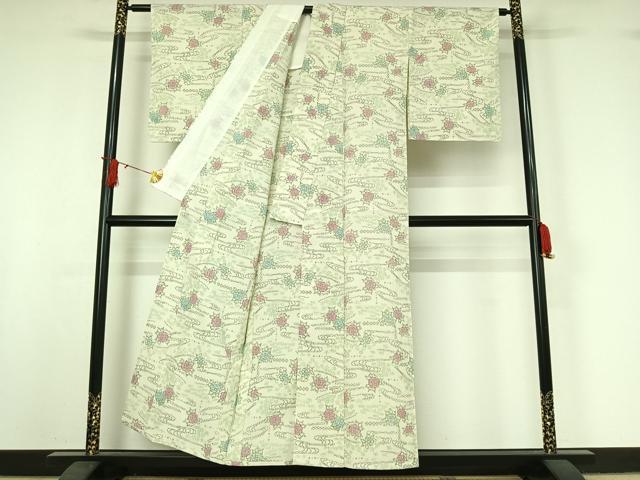 平和屋着物▽お召　単衣　流水花文　正絹　逸品　AABJ0207jh