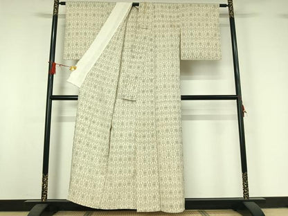 平和屋着物▽本塩沢　単衣　幾何学文様　正絹　逸品　AABJ0219jh