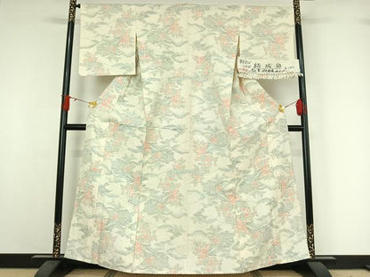 平和屋着物▽結城紬　単衣　風景花文　反端付き　正絹　逸品　AABJ0221jh