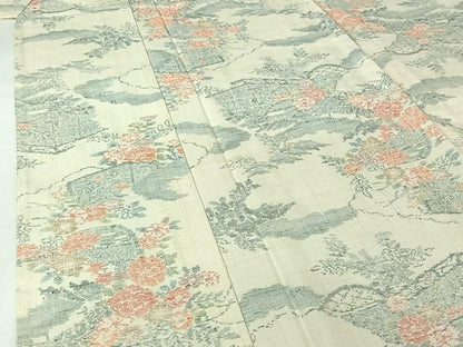 平和屋着物▽結城紬　単衣　風景花文　反端付き　正絹　逸品　AABJ0221jh