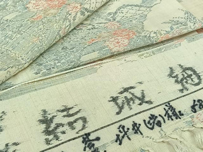 平和屋着物▽結城紬　単衣　風景花文　反端付き　正絹　逸品　AABJ0221jh
