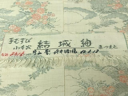 平和屋着物▽結城紬　単衣　風景花文　反端付き　正絹　逸品　AABJ0221jh