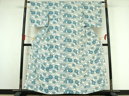 平和屋着物▽上質な小紋　単衣　お召縮緬　型染め　流水花文　正絹　逸品　AABJ0225jh