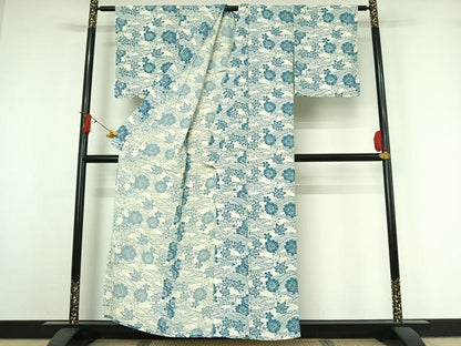 平和屋着物▽上質な小紋　単衣　お召縮緬　型染め　流水花文　正絹　逸品　AABJ0225jh