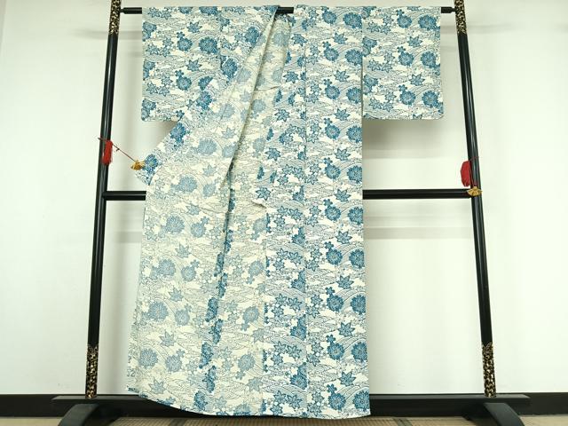 平和屋着物▽上質な小紋　単衣　お召縮緬　型染め　流水花文　正絹　逸品　AABJ0225jh