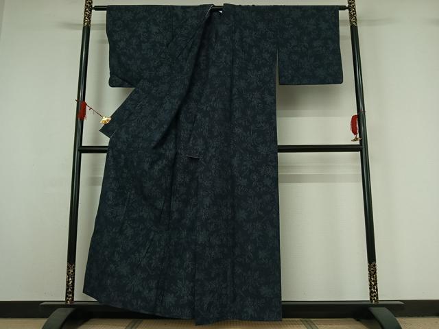 平和屋着物▽上質な紬　単衣　草花文　正絹　逸品　AABJ0226jh