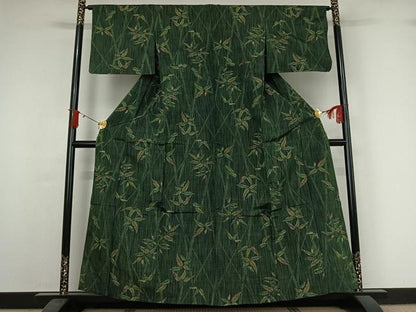 平和屋着物▽上質な紬　単衣　笹竹文　正絹　逸品　AABJ0227jh