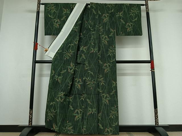 平和屋着物▽上質な紬　単衣　笹竹文　正絹　逸品　AABJ0227jh